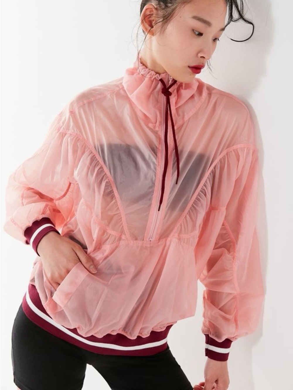 Urban Outfitters Sheer Pink Pullover Hoodie with Contrast Trim
